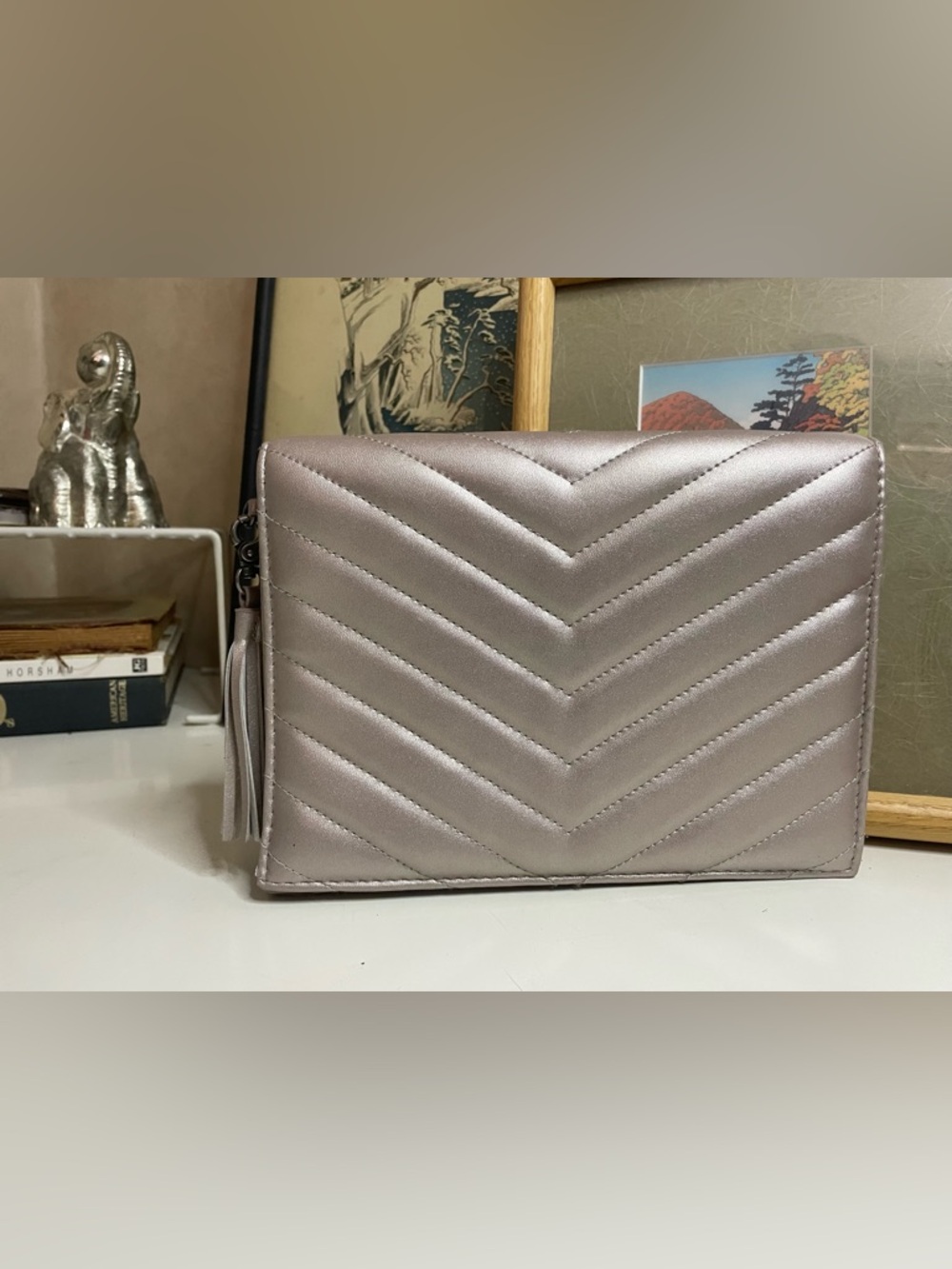 Quilted Chevron Metallic Clutch - silver